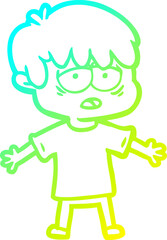 cold gradient line drawing cartoon exhausted boy