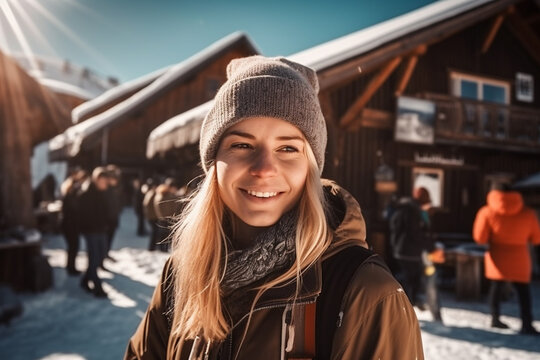 slender blonde smiling, outdoor winter, fictitious place like mountains or ski resort. Generative AI