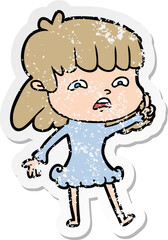 distressed sticker of a cartoon worried woman