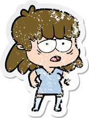 distressed sticker of a cartoon tired woman