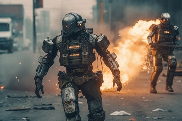 Fototapeta premium a robot or human in combat suit, humanoid android robot with artificial intelligence. Generative AI