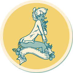 tattoo style sticker of a pinup girl wearing a shirt with banner