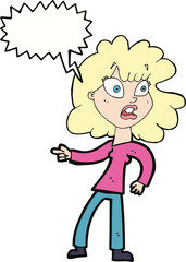 cartoon worried woman pointing with speech bubble