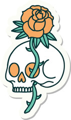 tattoo style sticker of a skull and rose