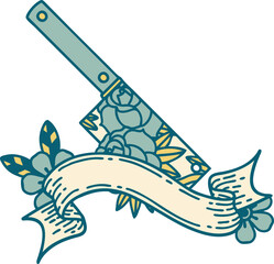tattoo with banner of a cleaver and flowers