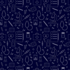 Medical seamless pattern, clinic vector illustration. Hospital thin line icons - thermometer, pills, microscope, tests, drugs, syringe, stethoscope.