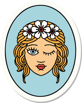 tattoo style sticker of a maiden with crown of flowers winking