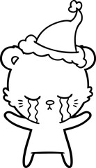 crying line drawing of a polarbear wearing santa hat