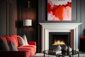 Grey living room, red accents with fireplace