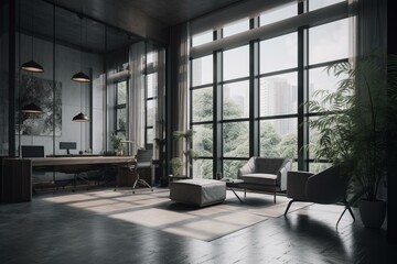 Grey business interior with relax corner and shelf, panoramic window. Generative AI - obrazy, fototapety, plakaty