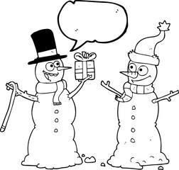 speech bubble cartoon snowmen exchanging gifts