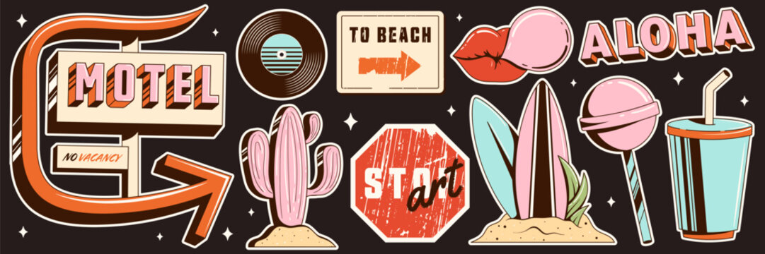 Summer vibes retro trendy sticker set. Vintage old elements. Motel signboard, cactus, surfboard, lollipop, lips, road sign stop with grunge texture. Summer groovy trip. Vector illustration.