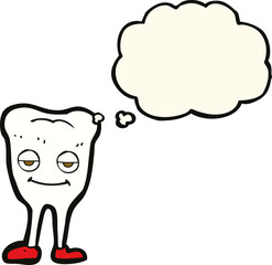 cartoon happy tooth with thought bubble