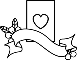 black linework tattoo with banner of the ace of hearts