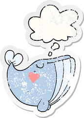 cartoon whale with love heart and thought bubble as a distressed worn sticker