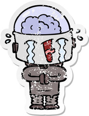 distressed sticker of a cartoon crying robot