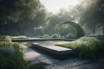 A minimalist landscape with a peaceful garden or park, Generative AI