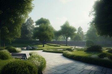 A minimalist landscape with a peaceful garden or park, Generative AI