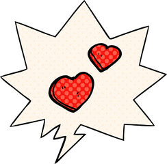 cartoon love hearts and speech bubble in comic book style