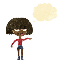 cartoon smug woman making dismissive gesture with thought bubble