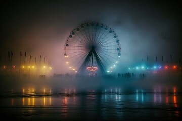 Carnival or amusement park illuminated rides and attractions through the fog, creating a dreamy and mysterious atmosphere. Generative AI