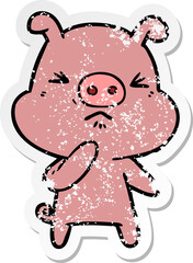distressed sticker of a cartoon angry pig