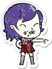 distressed sticker of a cartoon vampire girl with blood on cheek
