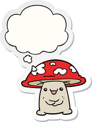 cartoon mushroom character and thought bubble as a printed sticker