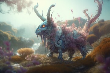 A whimsical illustration of a creature or character from a mythology story in a dreamlike landscape, Generative AI