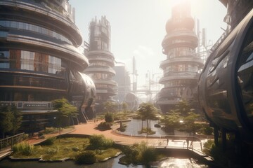 A futuristic cityscape with advanced entertainment and leisure facilities, Generative AI