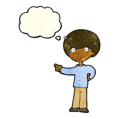 cartoon pointing boy with thought bubble