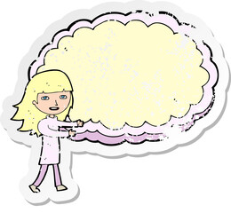 retro distressed sticker of a cartoon girl with cloud text space