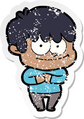 distressed sticker of a happy cartoon man