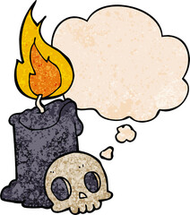 cartoon skull and candle and thought bubble in grunge texture pattern style