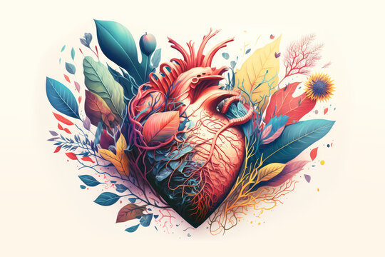 Human heart with flowers. Illustration for World Heart Day. Love, heart health, emotion, softhearted, unselfish concept. Generative ai.
