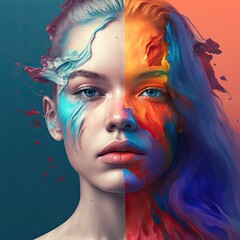 Split paint splash on womans face - Generative AI