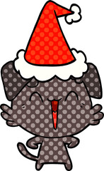 happy little dog comic book style illustration of a wearing santa hat