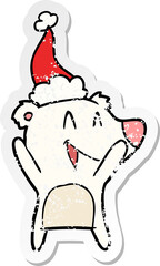 laughing polar bear distressed sticker cartoon of a wearing santa hat