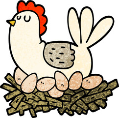 grunge textured illustration cartoon chicken on nest of eggs