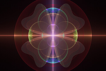 Red multi-colored luminous pattern of curved shapes and rays on a black background. Abstract fractal 3D rendering