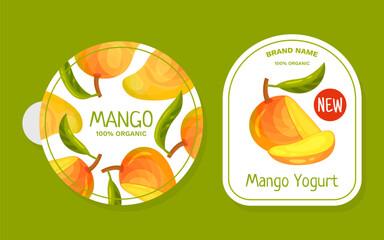 Ripe Mango Label Design with Bright Tropical Fruit Vector Template