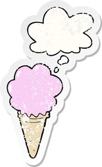 cartoon ice cream and thought bubble as a distressed worn sticker