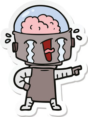 sticker of a cartoon crying robot pointing