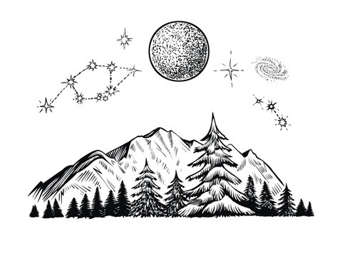 Mountain forest with the night sky, moon and stars. Vector landscape sketch, black and white illustration. - Powered by Adobe