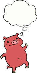 cartoon dancing pig and thought bubble