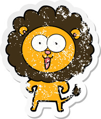 distressed sticker of a happy cartoon lion