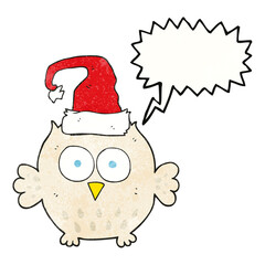 speech bubble textured cartoon owl wearing christmas hat