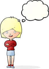 cartoon happy woman with thought bubble