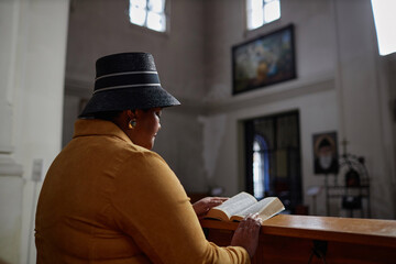 Rear view of elegant mature woman reading Bible while sitting in church