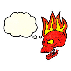 cartoon flaming skull with thought bubble
